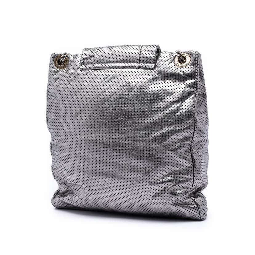 Chanel Perforated Crackled Metallic Calfskin Drill Tote Silver Leather Very good condition - Back View