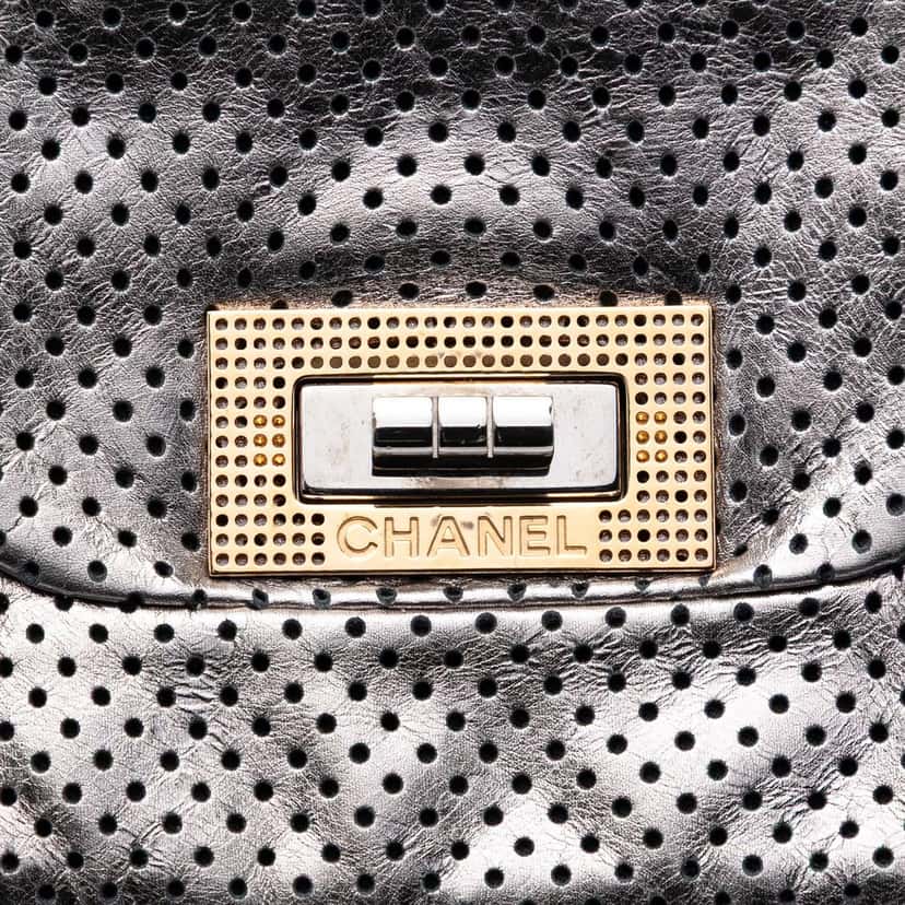 Chanel Perforated Crackled Metallic Calfskin Drill Tote Silver Leather Very good condition - Box View