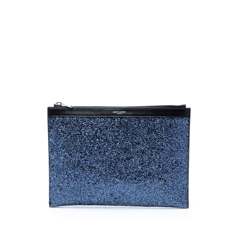 Saint Laurent Glittered Leather Zipped Tablet Pouch Blue Leather Very good condition - Front View
