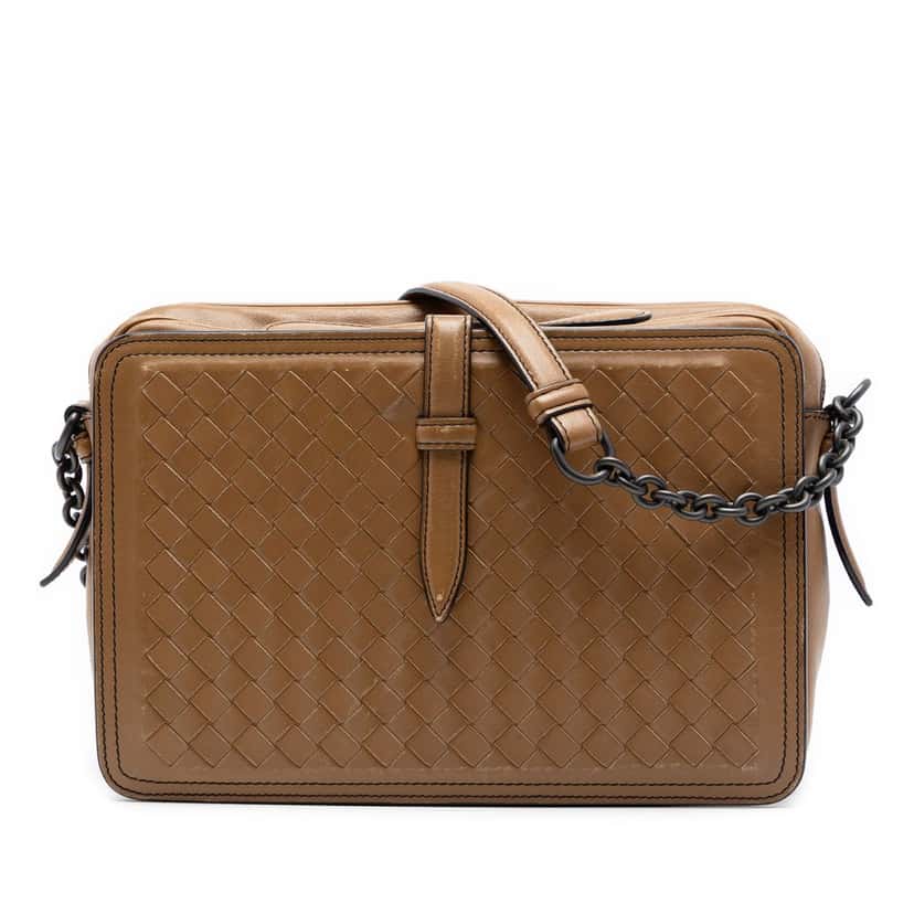 Bottega Veneta Nappa Intrecciato Belt Flap Camera Bag Brown Leather Very good condition - Front View