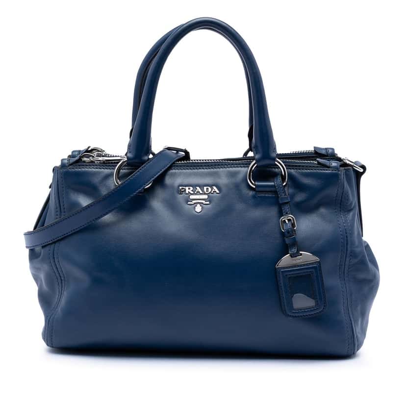 Prada Soft Calf Double Zip Convertible Tote Blue Leather Very good condition - Front View