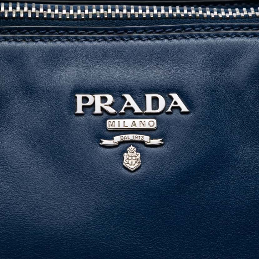 Prada Soft Calf Double Zip Convertible Tote Blue Leather Very good condition - Box View