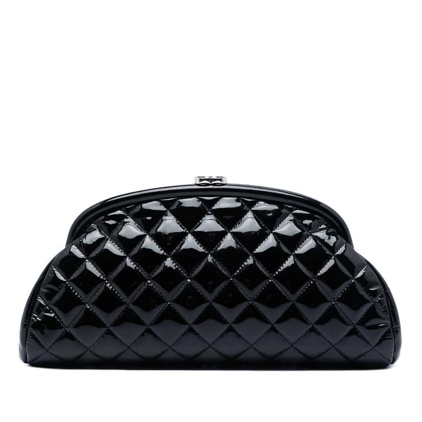Chanel Quilted Patent Timeless Kiss Lock Clutch Black Leather Very good condition - Front View