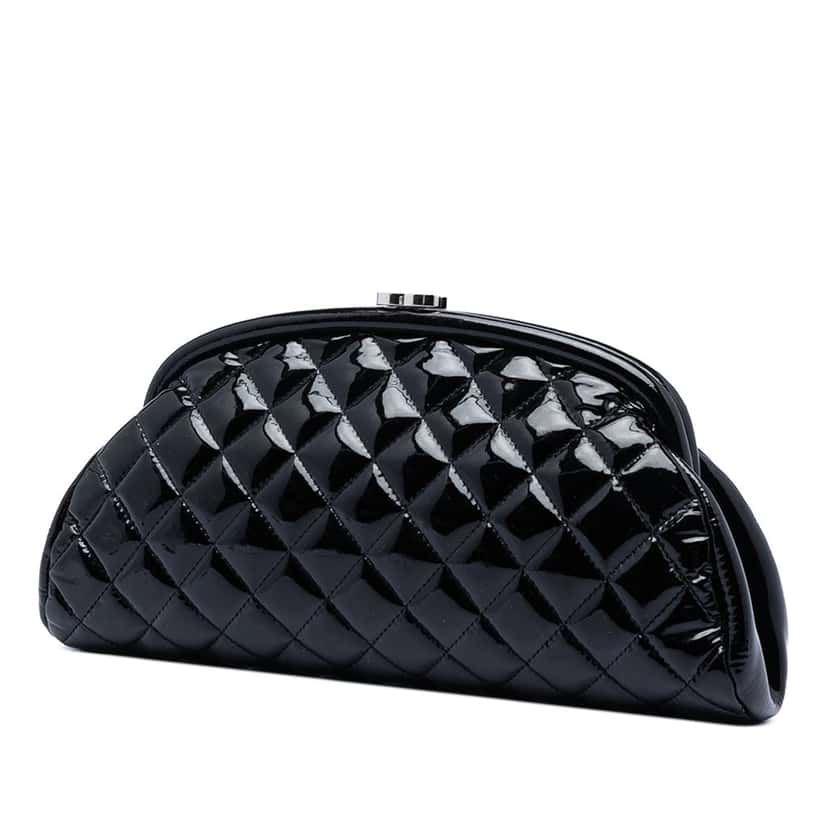 Chanel Quilted Patent Timeless Kiss Lock Clutch Black Leather Very good condition - Back View