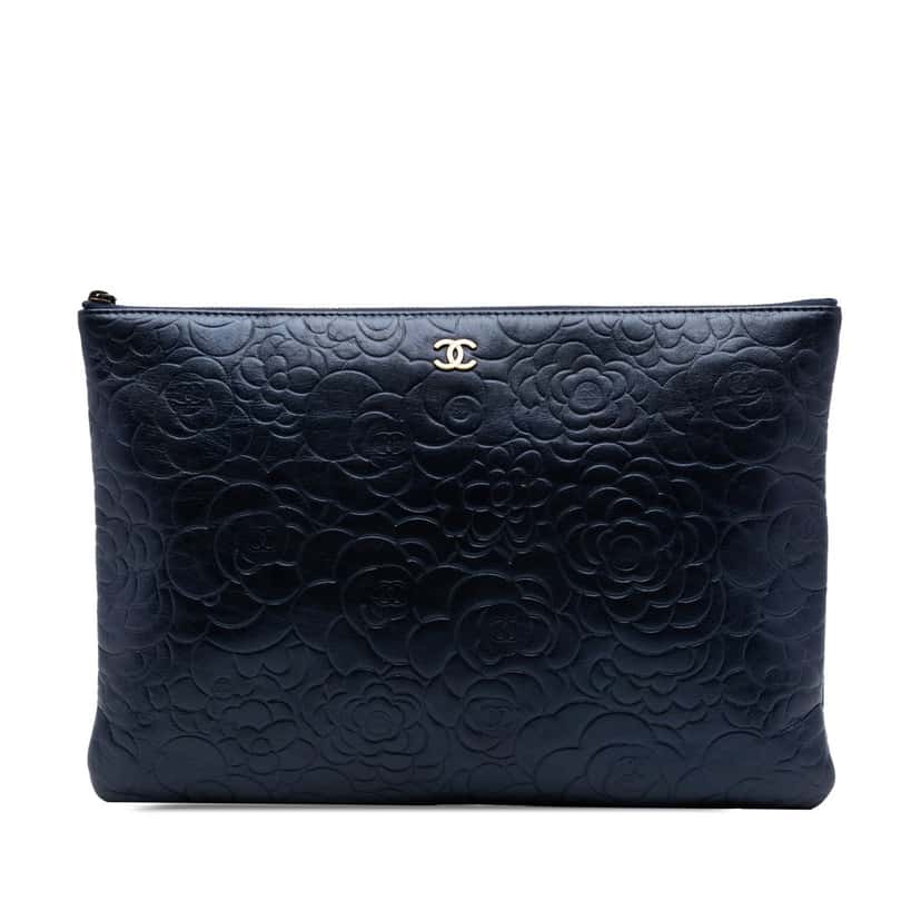 Chanel Large Embossed Lambskin Camellia O Case Clutch Blue Leather Very good condition - Front View