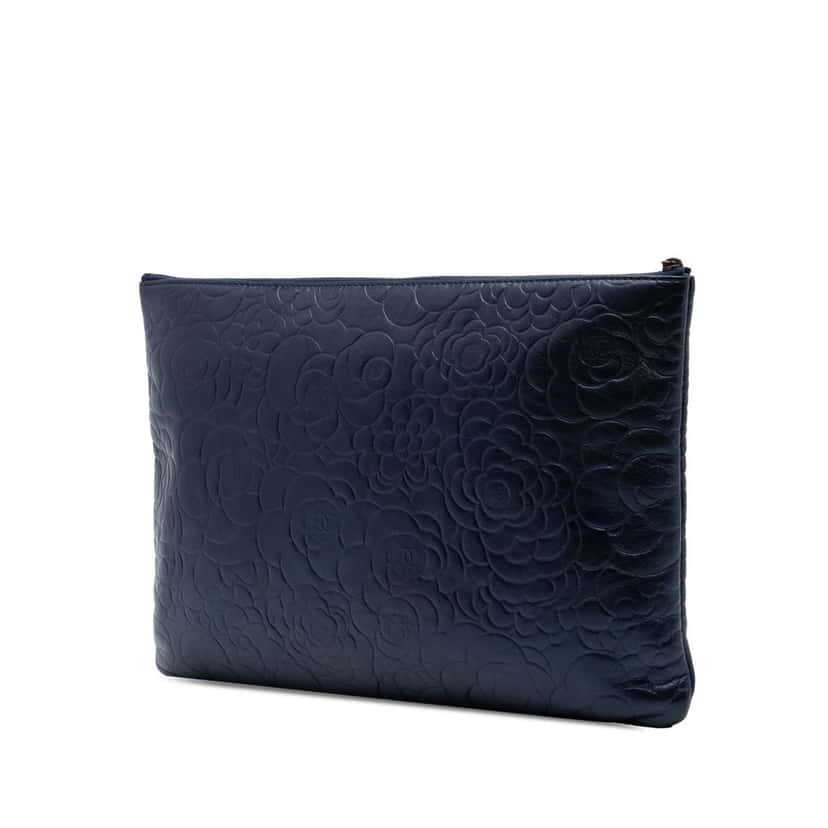 Chanel Large Embossed Lambskin Camellia O Case Clutch Blue Leather Very good condition - Back View