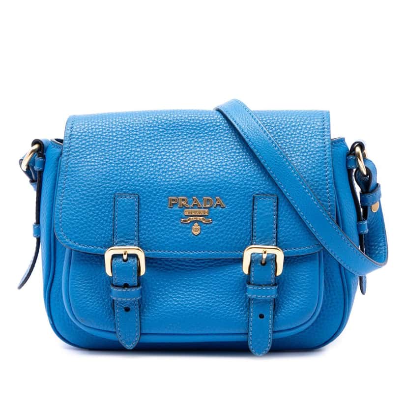 Prada Vitello Daino Double Buckle Messenger Bag Blue Leather Very good condition - Front View
