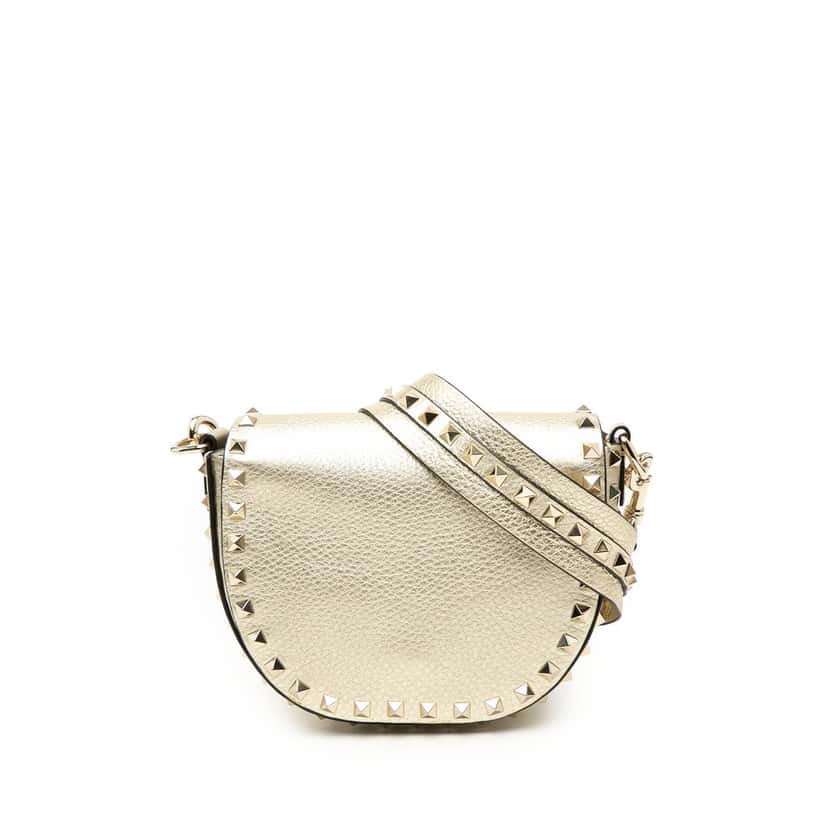 Valentino Metallic Grained Calfskin Rockstud Saddle Crossbody Gold Leather Very good condition - Front View