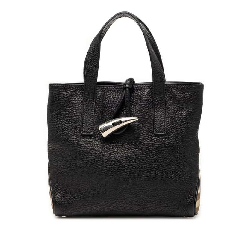 Burberry Small House Check Trimmed Grainy Calfskin Horn Toggle Tote Black Leather Very good condition - Front View