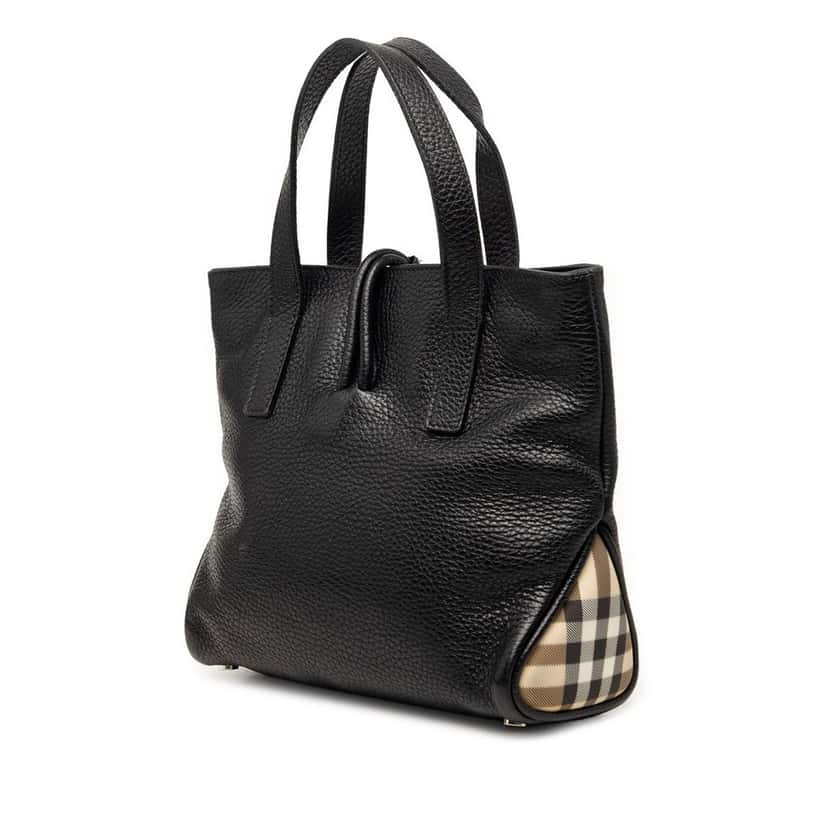 Burberry Small House Check Trimmed Grainy Calfskin Horn Toggle Tote Black Leather Very good condition - Back View