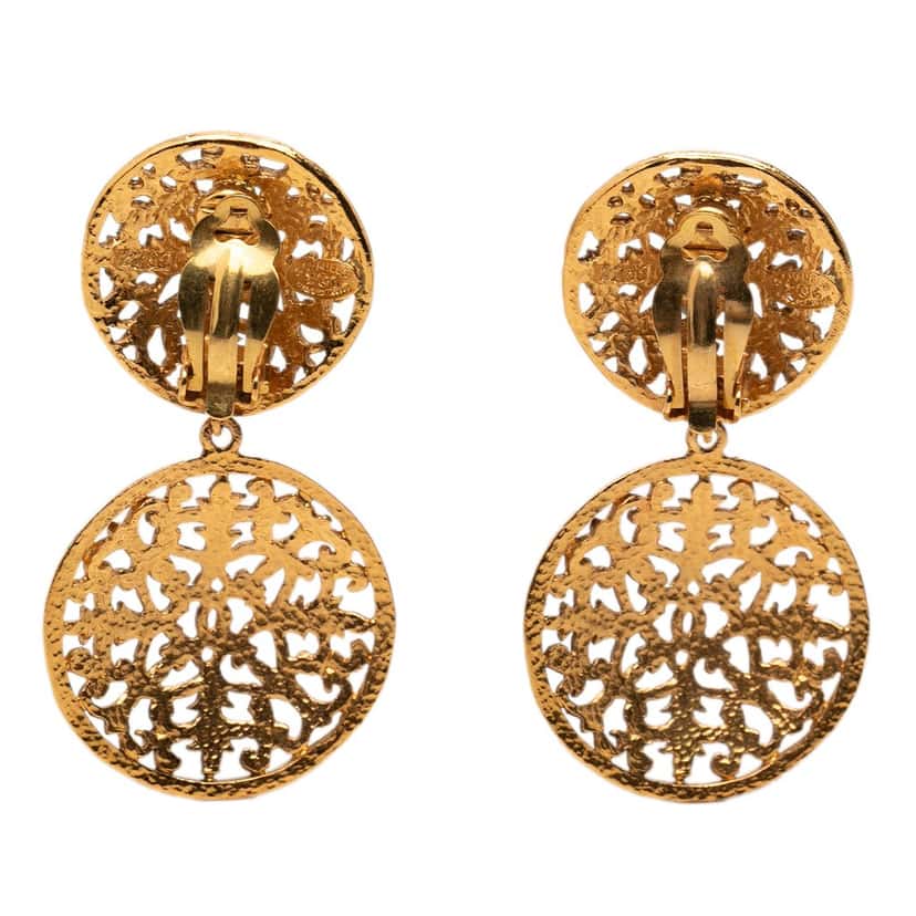 Chanel CC Gold Plated Filigree Double Orbs Dangle Clip On Earrings Gold Metal Very good condition - Back View