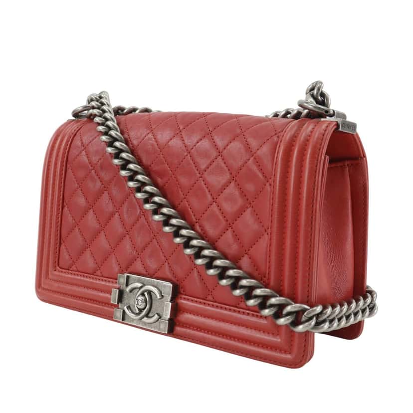 Chanel Old Medium Quilted Lambskin Boy Flap Red Leather Very good condition - Back View