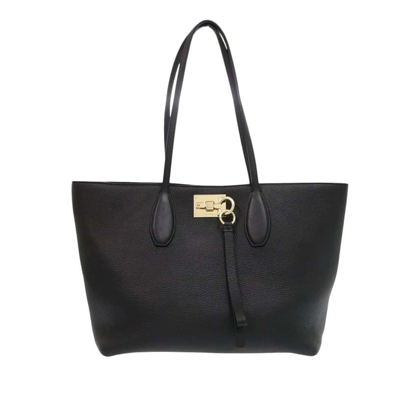Ferragamo Grained Calfskin Studded Gancini Tote Black Leather Very good condition - Front View