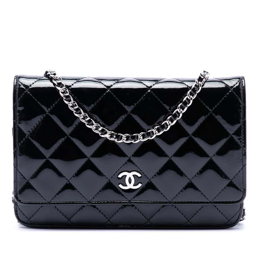Chanel CC Quilted Patent Wallet On Chain Black Leather Very good condition - Front View