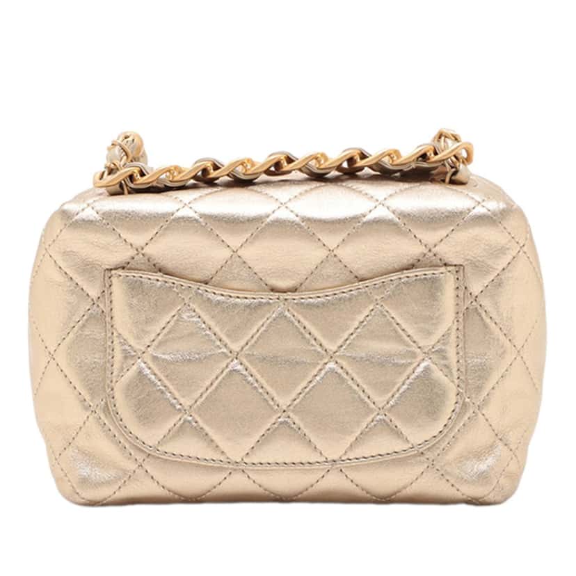 Chanel Mini CC Quilted Metallic Lambskin Bowling Bag Gold Leather Very good condition - Back View