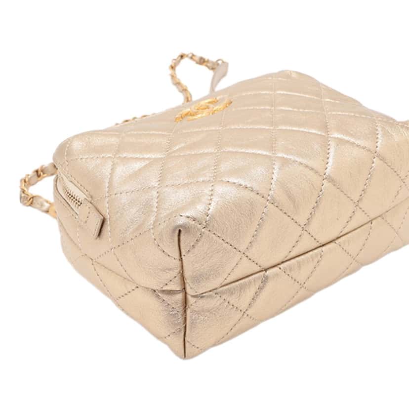 Chanel Mini CC Quilted Metallic Lambskin Bowling Bag Gold Leather Very good condition - Model View