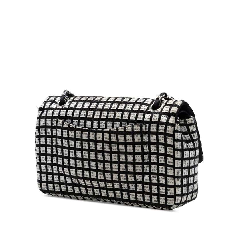 Chanel Medium Classic Tweed and Ribbon Logo Double Flap Black Very good condition - Back View