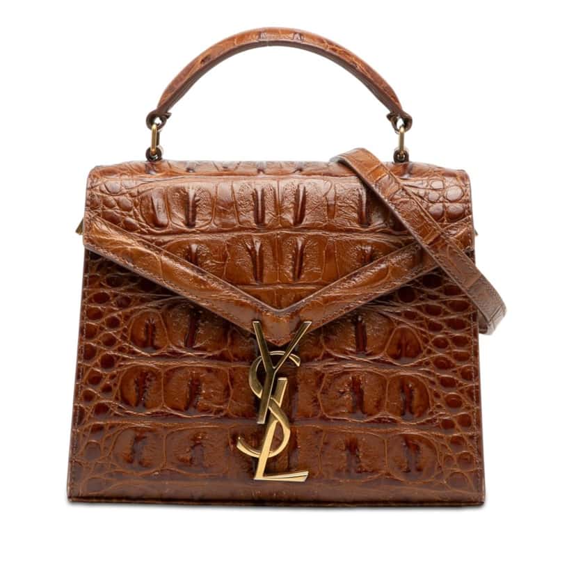 Saint Laurent Mini Croc Embossed Calfskin Monogram Cassandra Top Handle Bag Brown Leather Very good condition - Front View