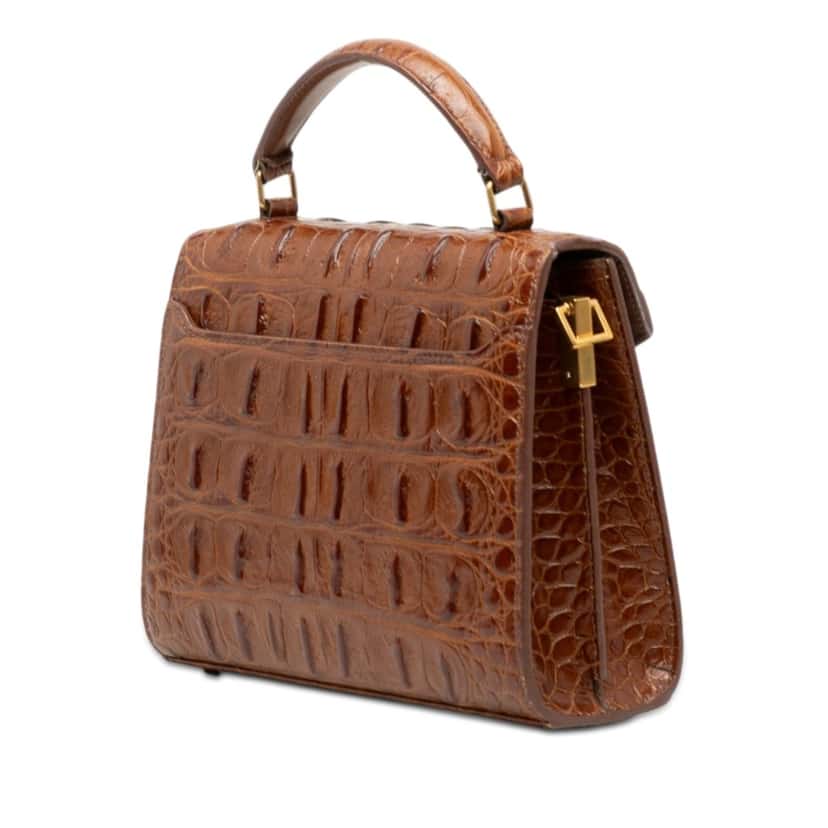 Saint Laurent Mini Croc Embossed Calfskin Monogram Cassandra Top Handle Bag Brown Leather Very good condition - Back View