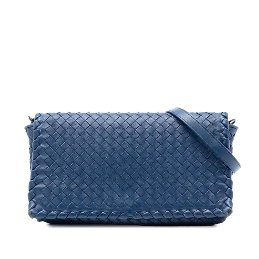 Bottega Veneta Nappa Intrecciato Flap Crossbody Blue Leather Very good condition - Front View