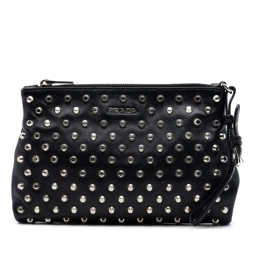 Prada Studded Leather Clutch Black Leather Very good condition - Front View