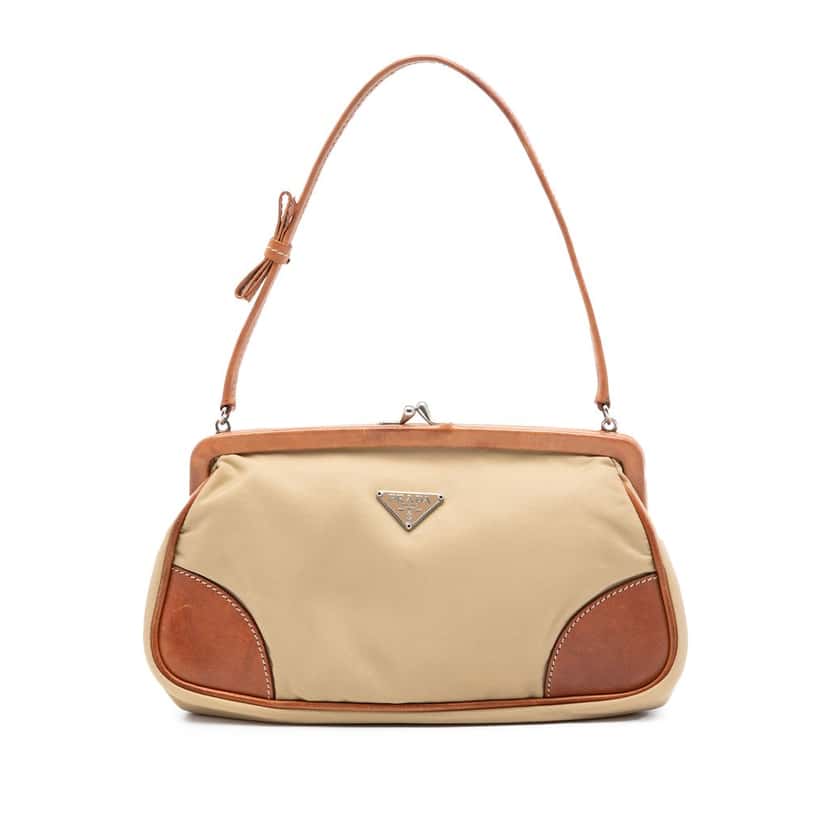 Prada Leather Trimmed Tessuto Kisslock Frame Pochette Beige Very good condition - Front View