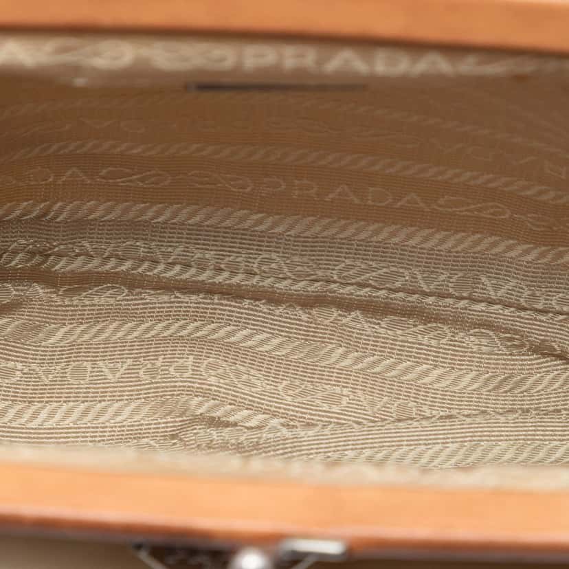Prada Leather Trimmed Tessuto Kisslock Frame Pochette Beige Very good condition - Model View