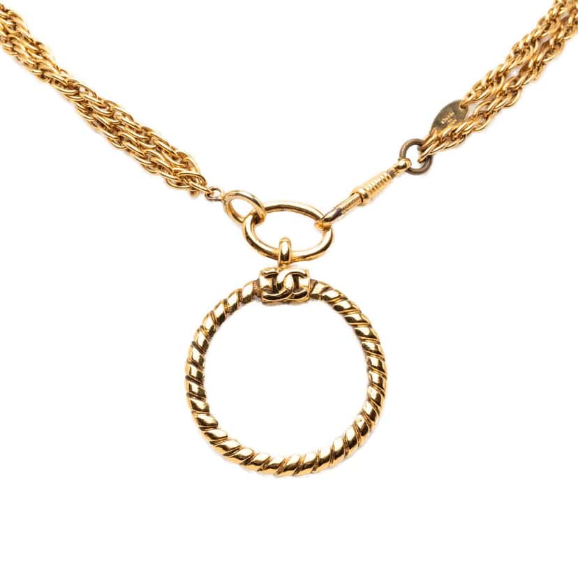 Chanel CC Gold Plated Double Chain Loupe Magnifying Glass Pendant Necklace Gold Metal Very good condition - Front View