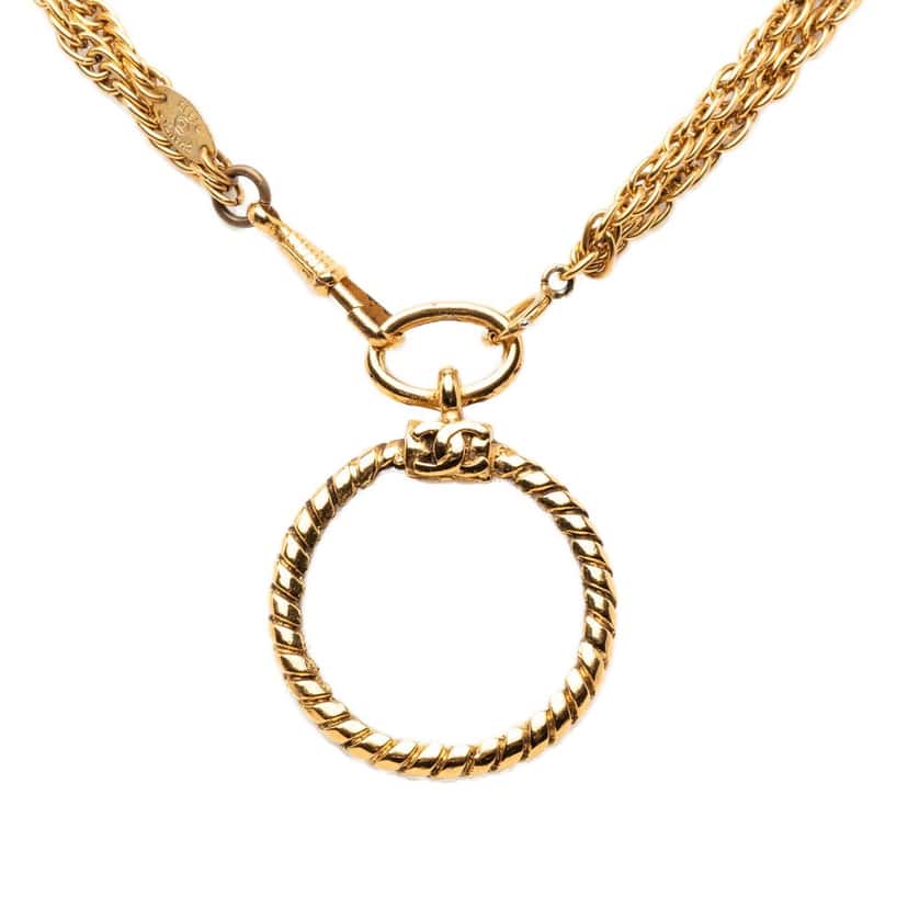 Chanel CC Gold Plated Double Chain Loupe Magnifying Glass Pendant Necklace Gold Metal Very good condition - Back View