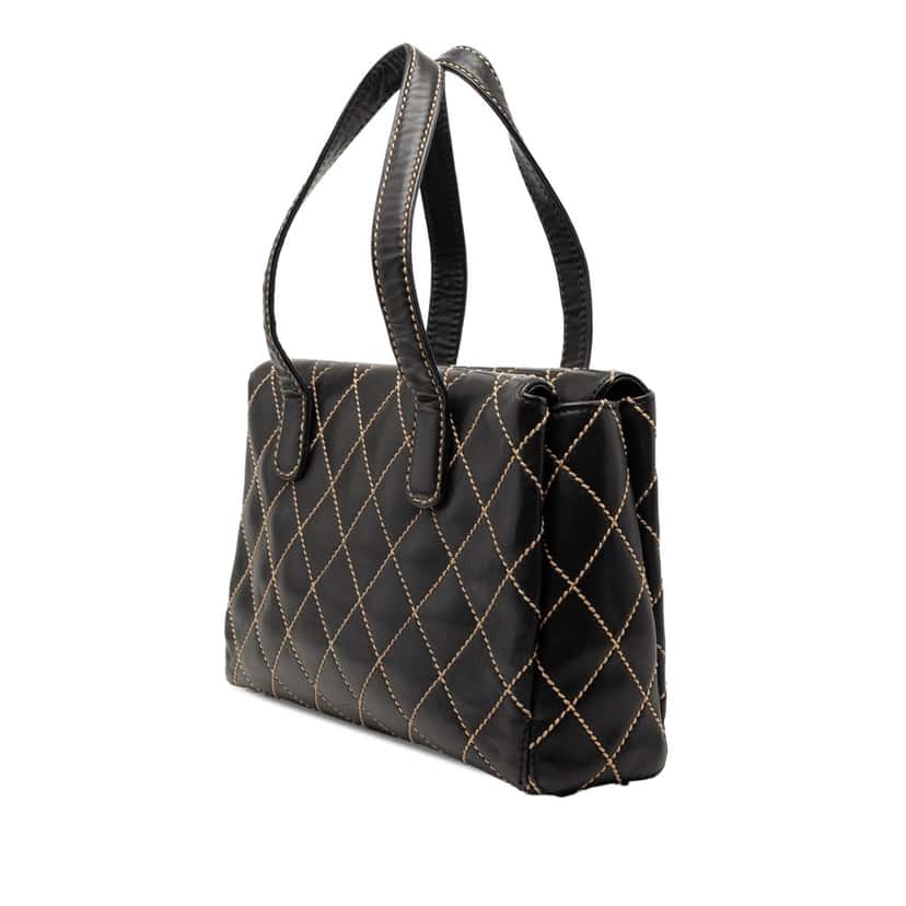 Chanel CC Lambskin Wild Stitch Handbag Black Leather Very good condition - Back View