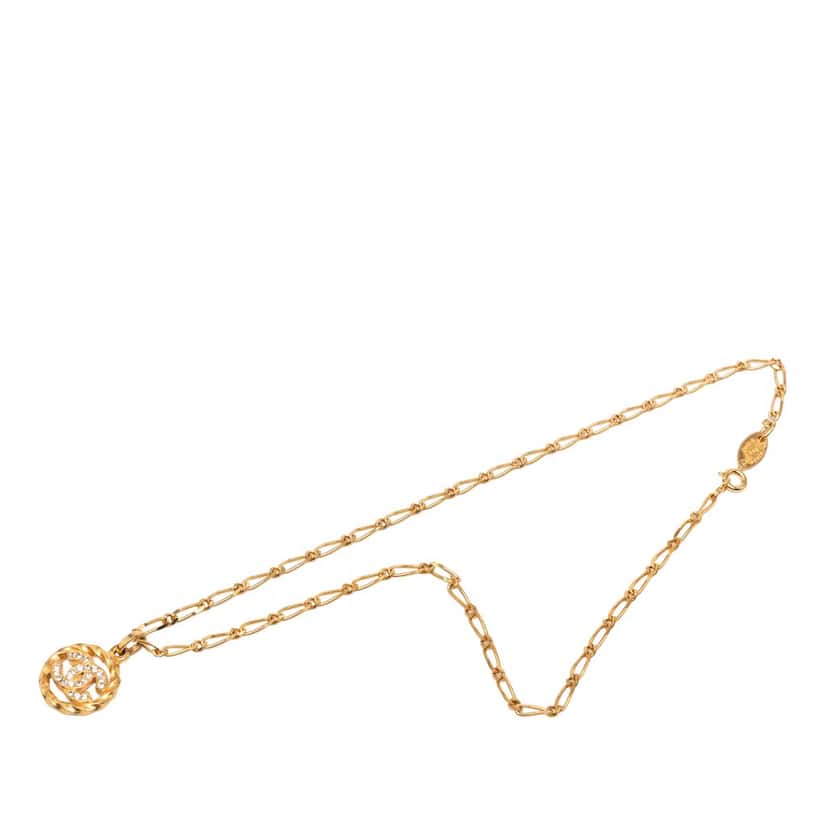 Chanel CC Gold Plated Strass Round Pendant Necklace Gold Metal Very good condition - Front View