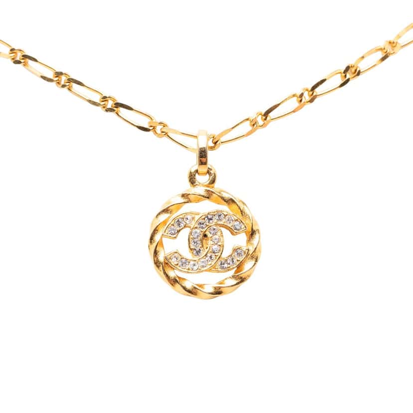 Chanel CC Gold Plated Strass Round Pendant Necklace Gold Metal Very good condition - Back View