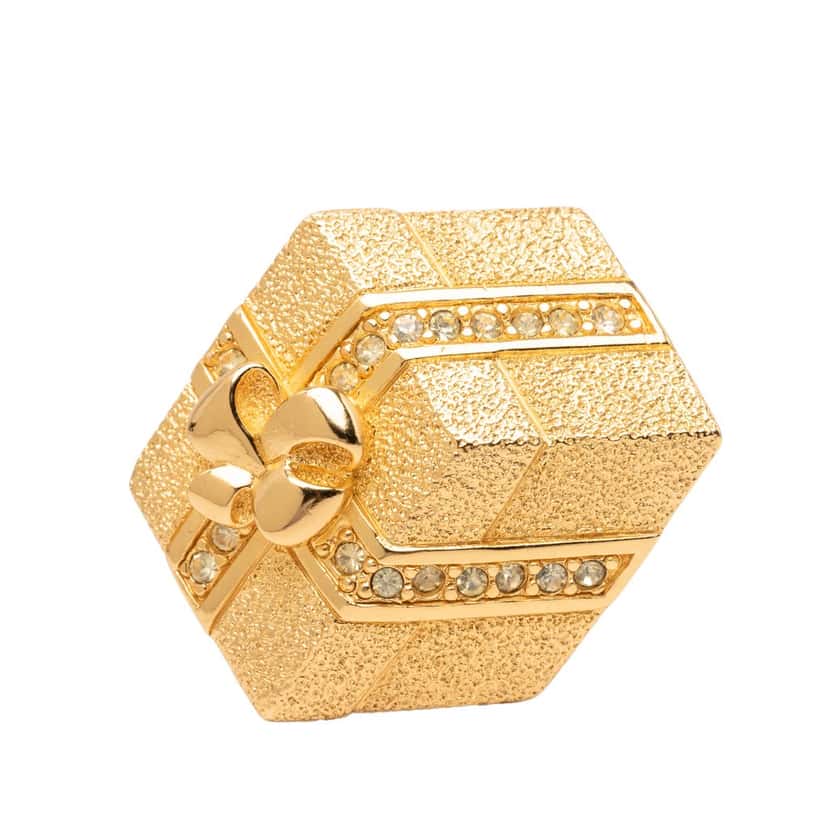 Dior Gold Plated Strass Hexagonal Gift Box Brooch Gold Metal Very good condition - Front View