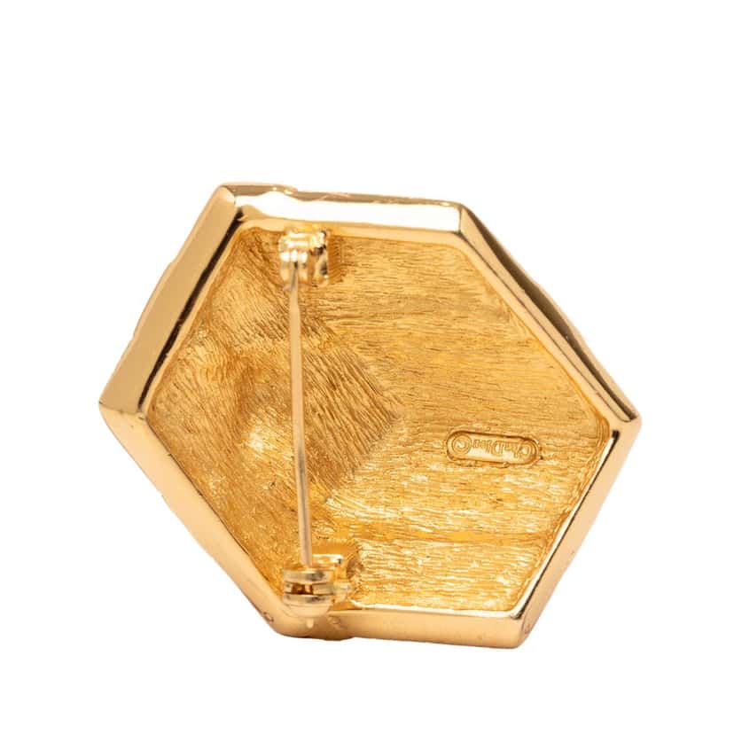 Dior Gold Plated Strass Hexagonal Gift Box Brooch Gold Metal Very good condition - Back View