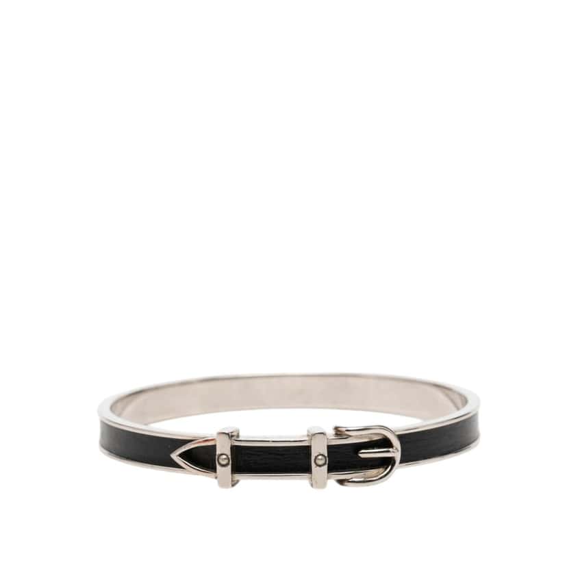 Hermès Palladium Plated and Leather Belt Buckle Bangle Black Leather Very good condition - Front View