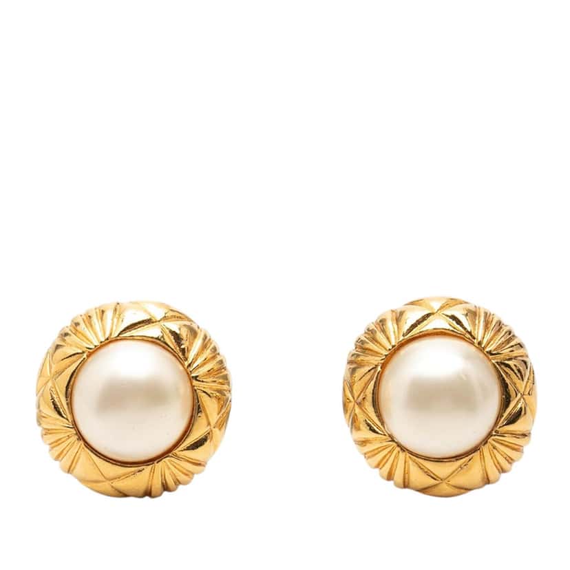Chanel CC Gold Plated Quilted Faux Pearl Clip On Earrings Gold Metal Very good condition - Front View