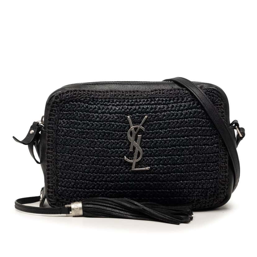 Saint Laurent Woven Raffia and Leather Lou Camera Bag Black Good condition - Front View