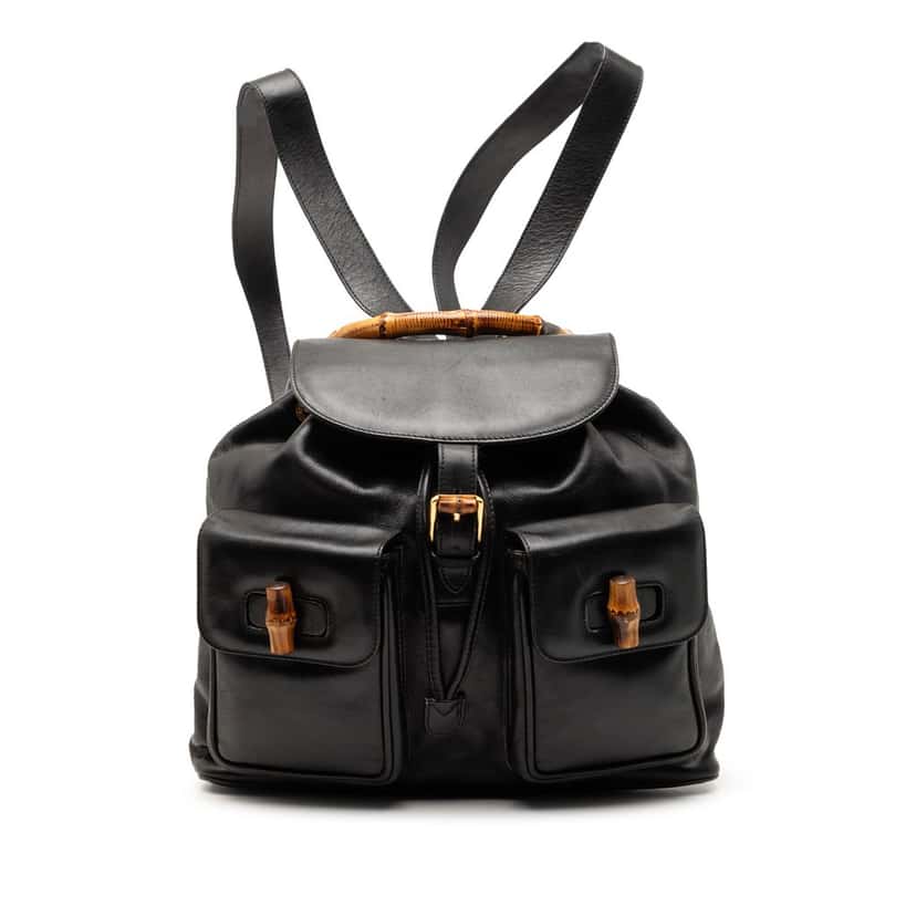 Gucci Calfskin Bamboo Drawstring Backpack Black Leather Good condition - Front View