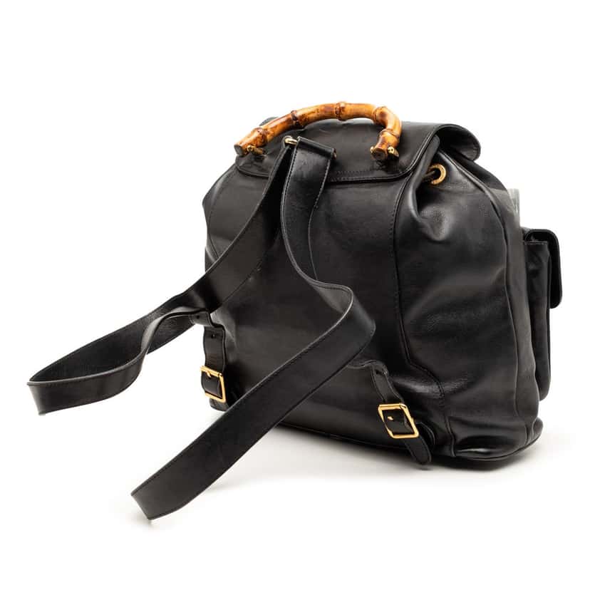 Gucci Calfskin Bamboo Drawstring Backpack Black Leather Good condition - Back View