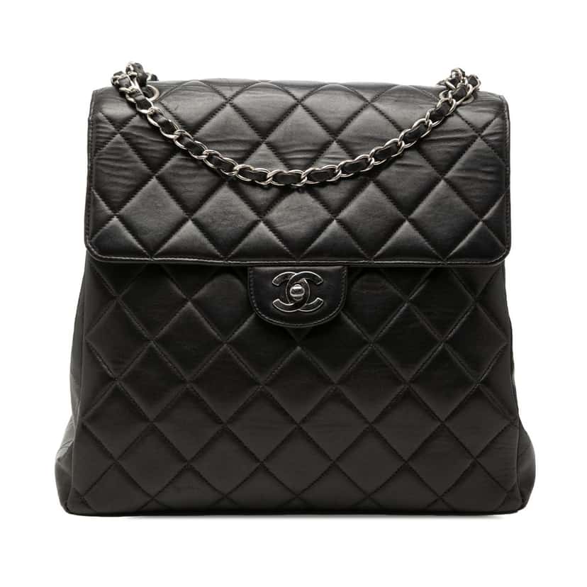 Chanel CC Quilted Lambskin Shoulder Bag Black Leather Good condition - Front View