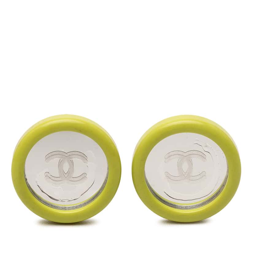 Chanel CC Resin Round Mirror Clip On Earrings Green Plastic Very good condition - Front View