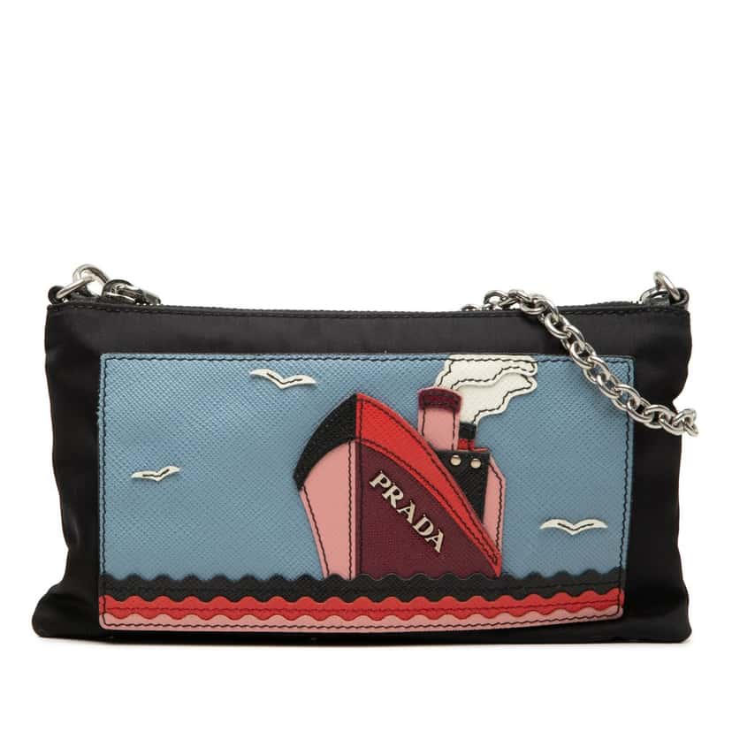 Prada Tessuto and Saffiano Ship Chain Pochette Black Very good condition - Front View