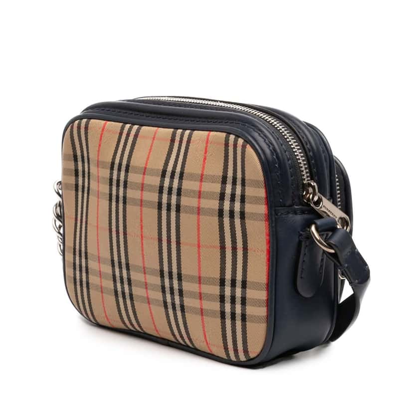 Burberry 1983 Knight Check Canvas and Calfskin Link Camera Bag Beige Very good condition - Back View
