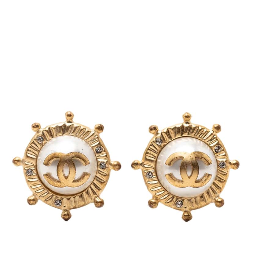 Chanel CC Gold Plated Faux Pearl and Strass Clip on Earrings Gold Metal Very good condition - Front View