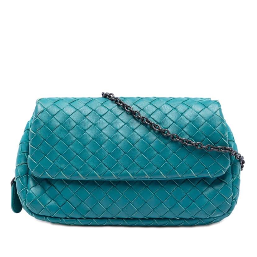 Bottega Veneta Mini Nappa Intrecciato Expandable Chain Crossbody Blue Leather Very good condition - Front View