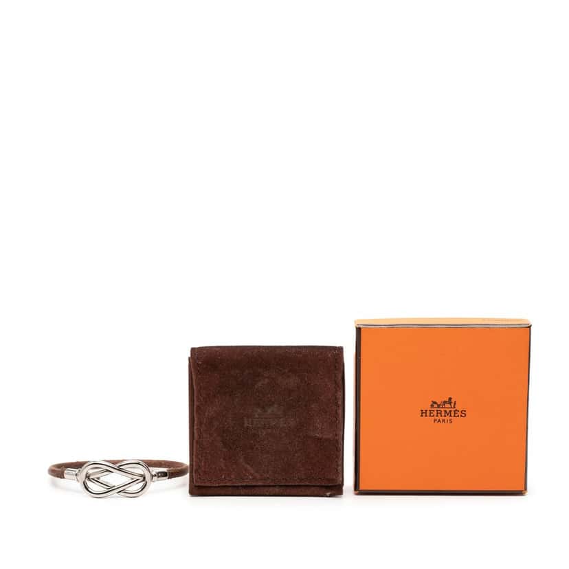Hermès Palladium Plated and Leather Atame Knot Bracelet Brown Leather Very good condition - Box View