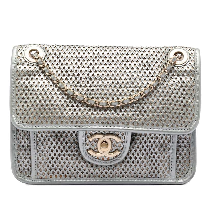 Chanel Small Perforated Calfskin Up In The Air Flap Silver Leather Very good condition - Front View