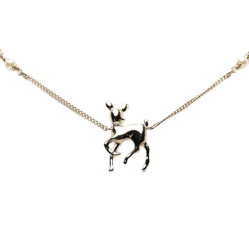 Chanel CC Gold Plated Faux Pearl and Strass Deer Pendant Necklace Gold Metal Very good condition - Back View