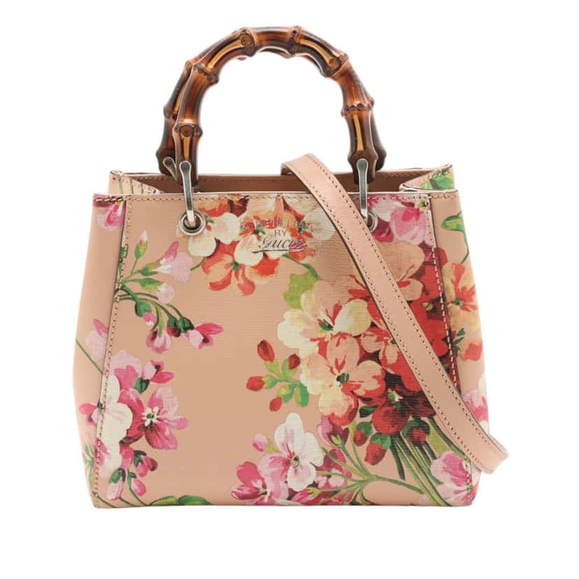 Gucci Mini Calfskin Blooms Bamboo Shopper Satchel Pink Leather Very good condition - Front View