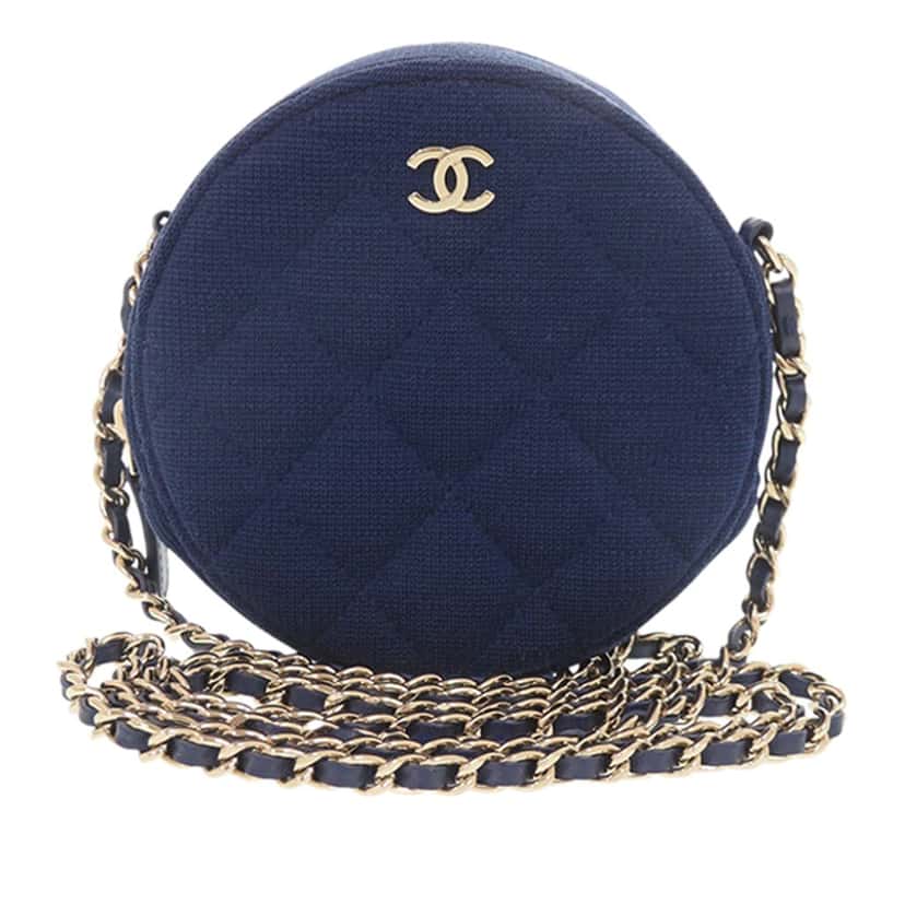 Chanel CC Quilted Jersey Round Clutch with Chain Blue Very good condition - Front View